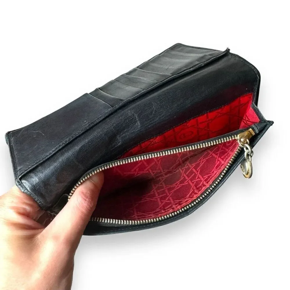 Vintage Christian Dior Lady Dior Black Leather Quilted Long Wallet 7.5 x 3.75